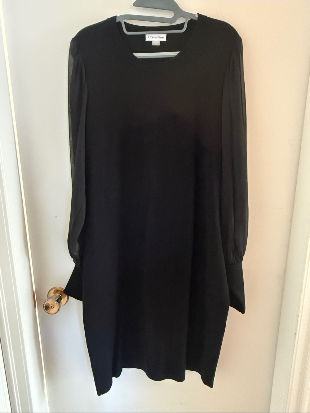 Calvin Klein Black Sheer Sleeve Sweater Dress XL Balloon Sleeve Midi Minimalist